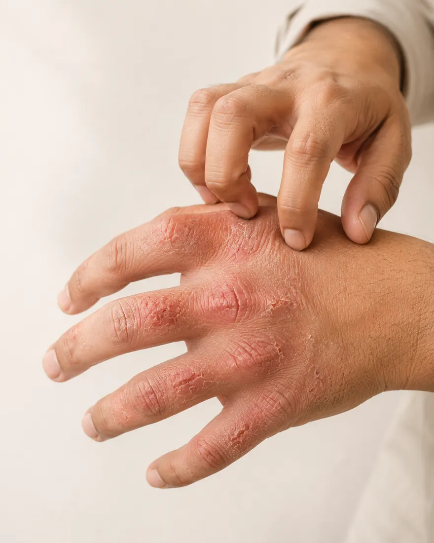 Eczema on hand with cracked, scaly skin